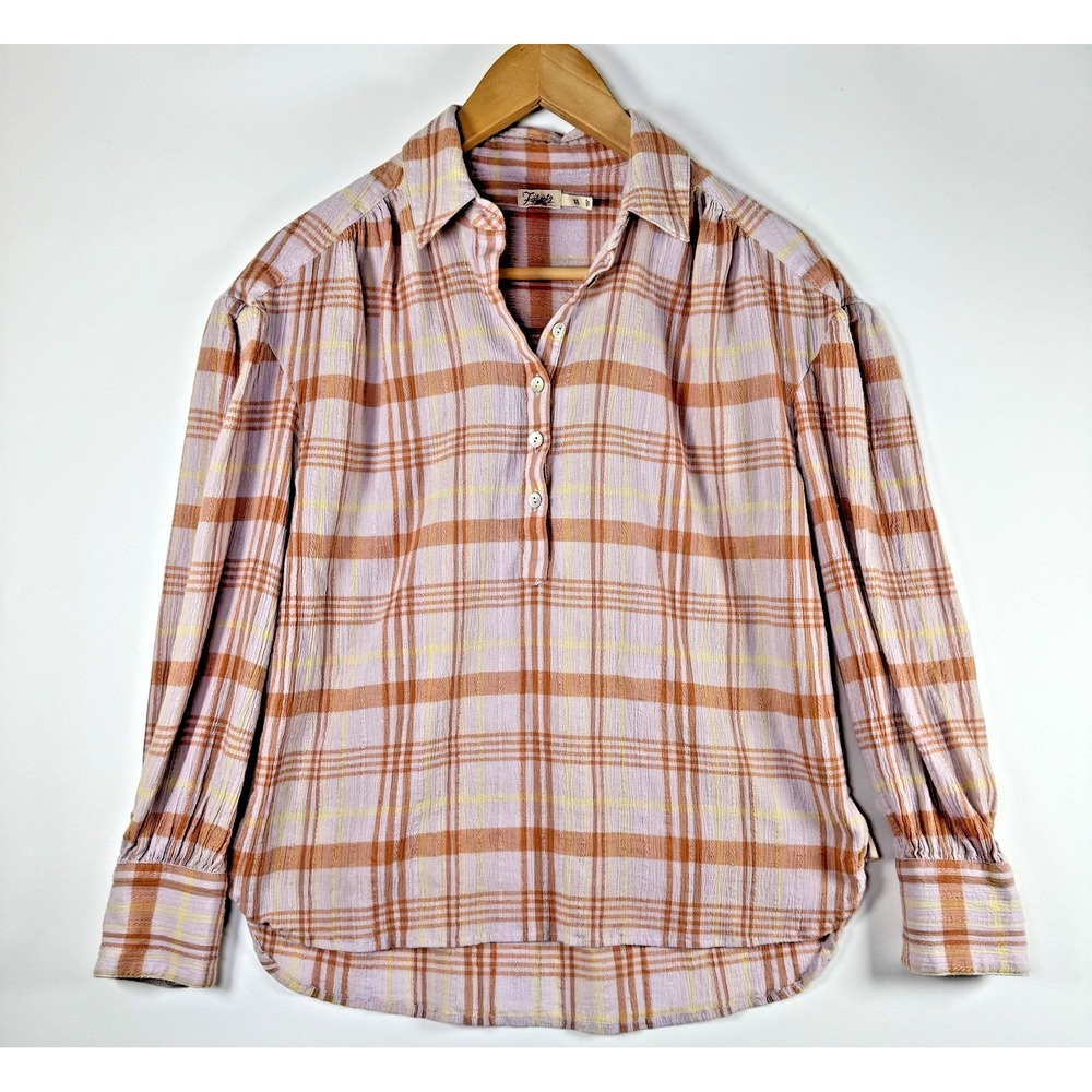 Faherty Popover Shirt Womens XS Pinkโ Peach Organic Cotton Gauze Plaid Coastal